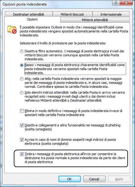 Opzione per timbrare la posta indesiderata