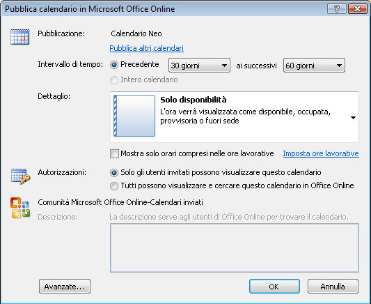 Opzioni di pubblicazione del calendario per Office Online