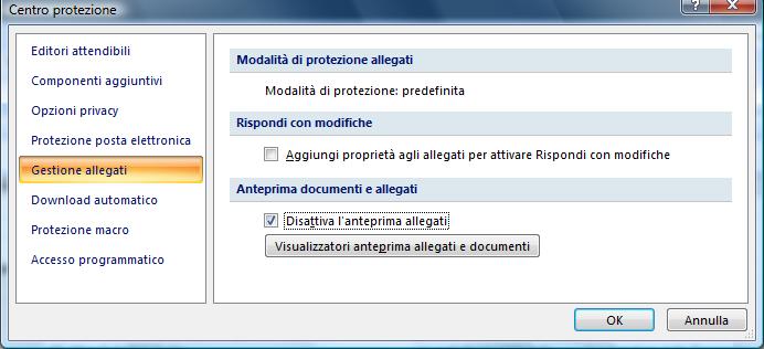 Impostazione per la visualizzazione in anteprima degli allegati nel Centro protezione