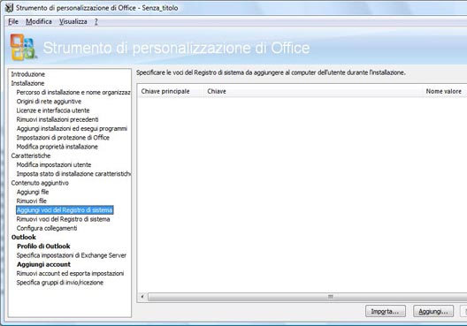 Sezione Aggiungi voci del Registro di sistema di Strumento di personalizzazione di Office