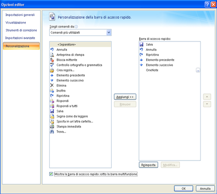 Personalizzazione della barra di formattazione rapida disattivata in Opzioni editor