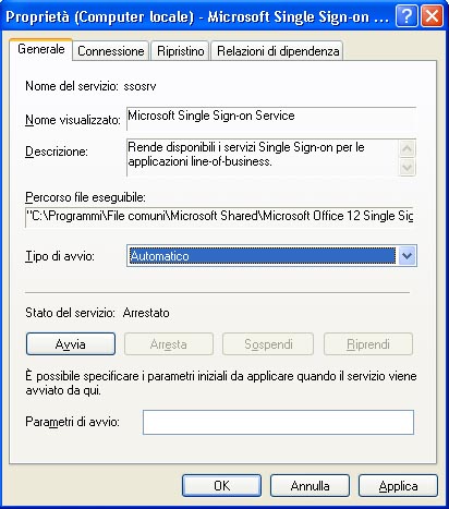 Impostazioni delle proprietà del servizio Single Sign-On