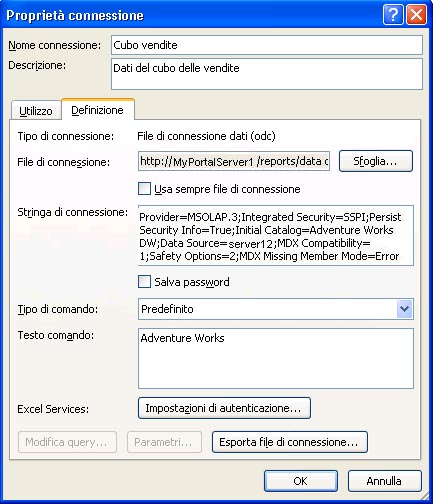 Impostazioni delle proprietà di connessione di Excel Services