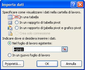 Finestra di configurazione per l'importazione di dati