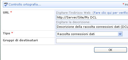 Finestra di dialogo di impostazione della raccolta connessioni dati di Excel Services