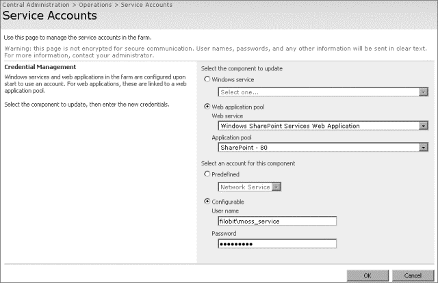 Pagina per la visualizzazione e la modifica degli account di servizio