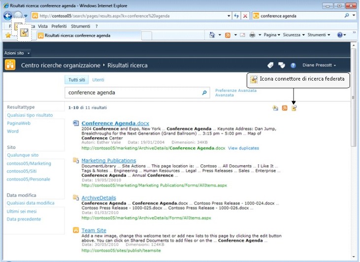 Icona connettore di ricerca federata nel sito di SharePoint