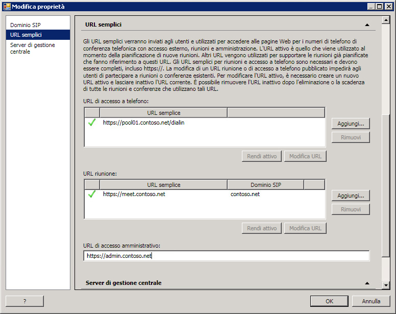 Finestra di dialogo URL di accesso amministrativo