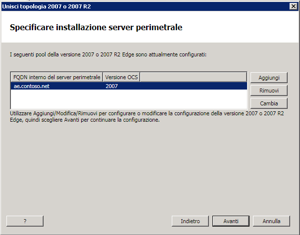 Finestra di dialogo Specificare installazione server perimetrale per l'unione delle topologie