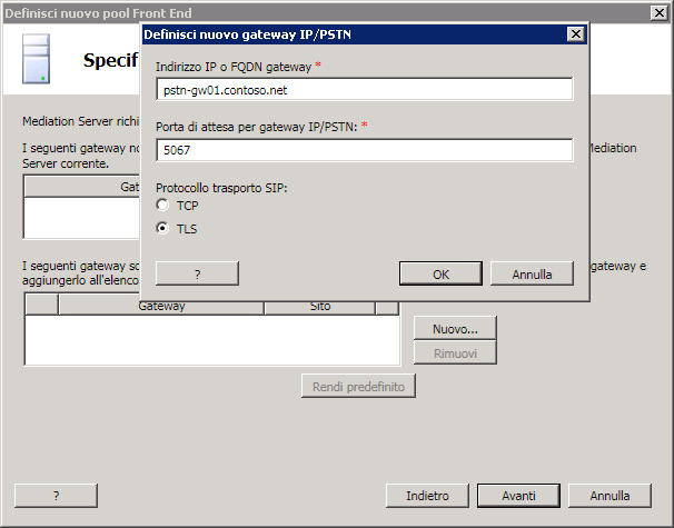 Definire un nuovo gateway PSTN per il pool Front End