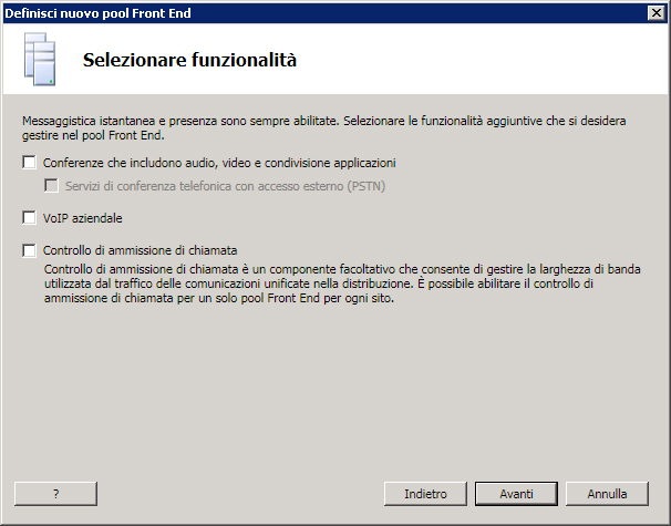 Finestra di dialogo Selezionare funzionalità per la definizione del pool Front End