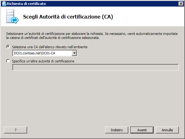 Finestra di dialogo Scegli Autorità di certificazione (CA)