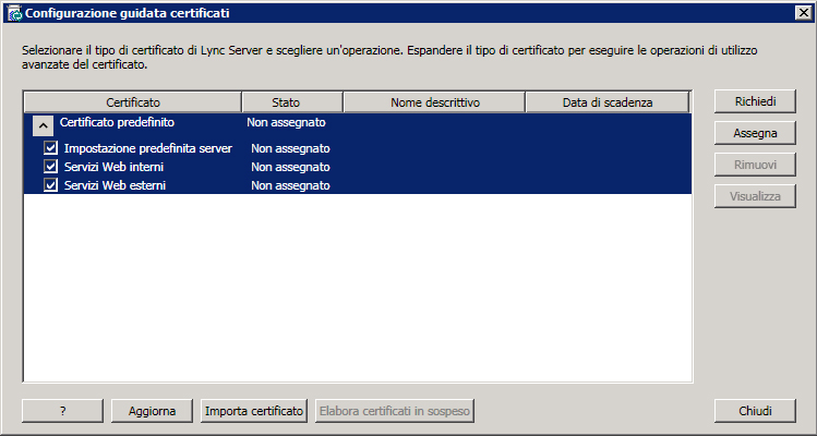 Configurazione guidata certificati: Selezione certificati