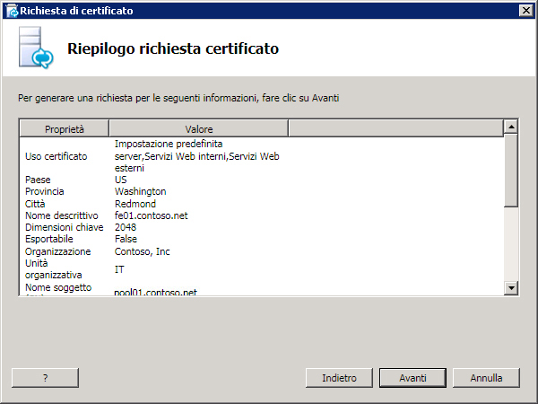 Pagina Riepilogo richiesta certificato