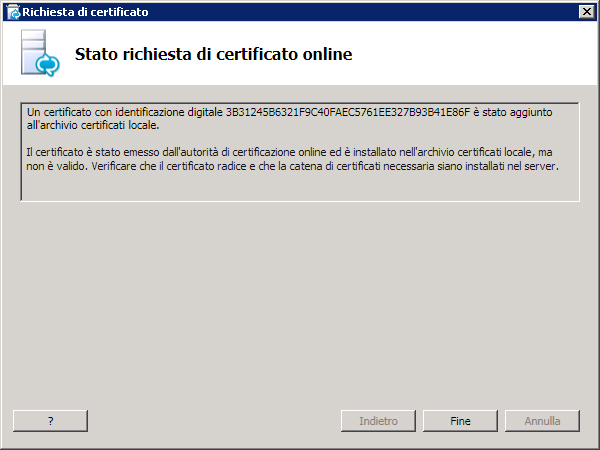 Finestra di dialogo Stato richiesta di certificato online