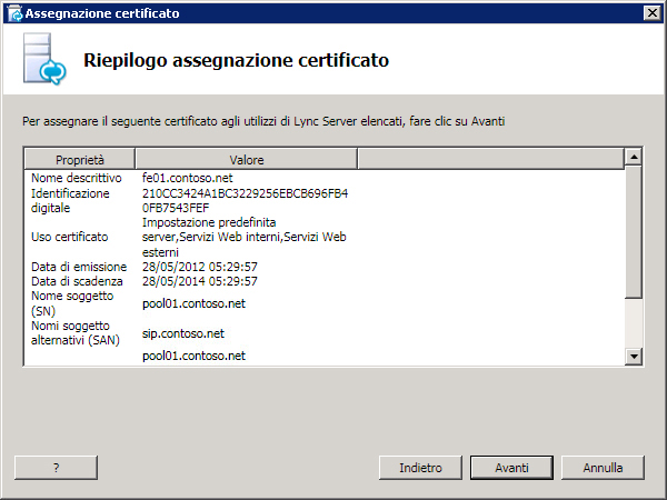 Pagina Riepilogo assegnazione certificato