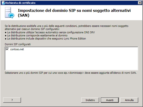 Finestra di dialogo Impostazione del dominio SIP su nomi soggetto alternativi (SAN)