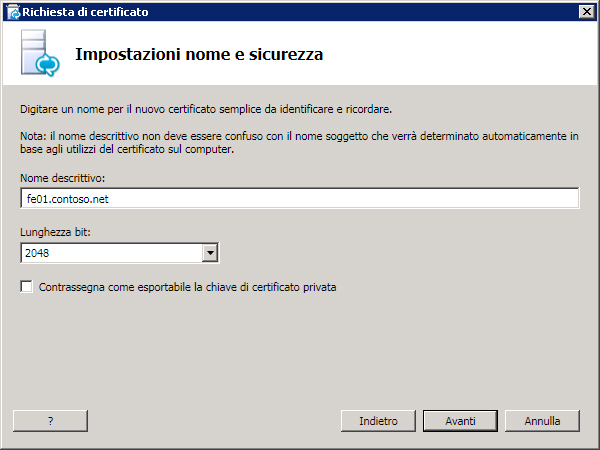 Pagina Impostazioni nome e sicurezza