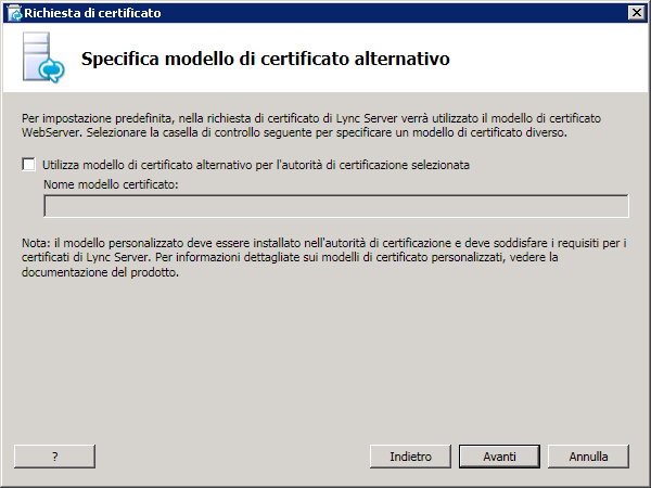 Finestra di dialogo Specifica modello di certificato alternativo