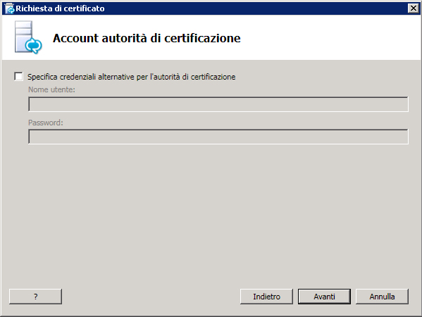 Finestra di dialogo Account autorità di certificazione