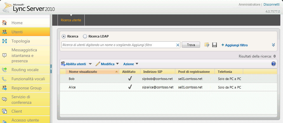 Assegnazione di utenti nel Pannello di controllo di Lync Server