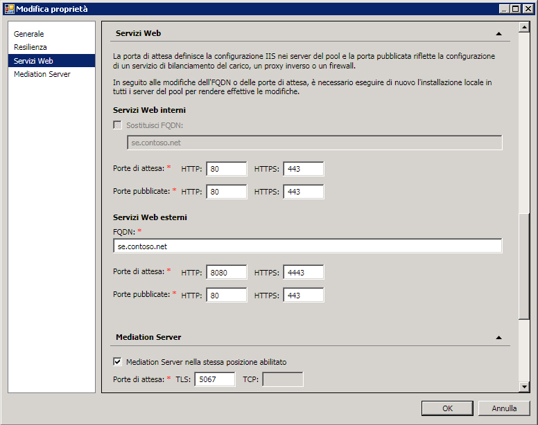 Modificare le impostazioni dei pool per i servizi Web
