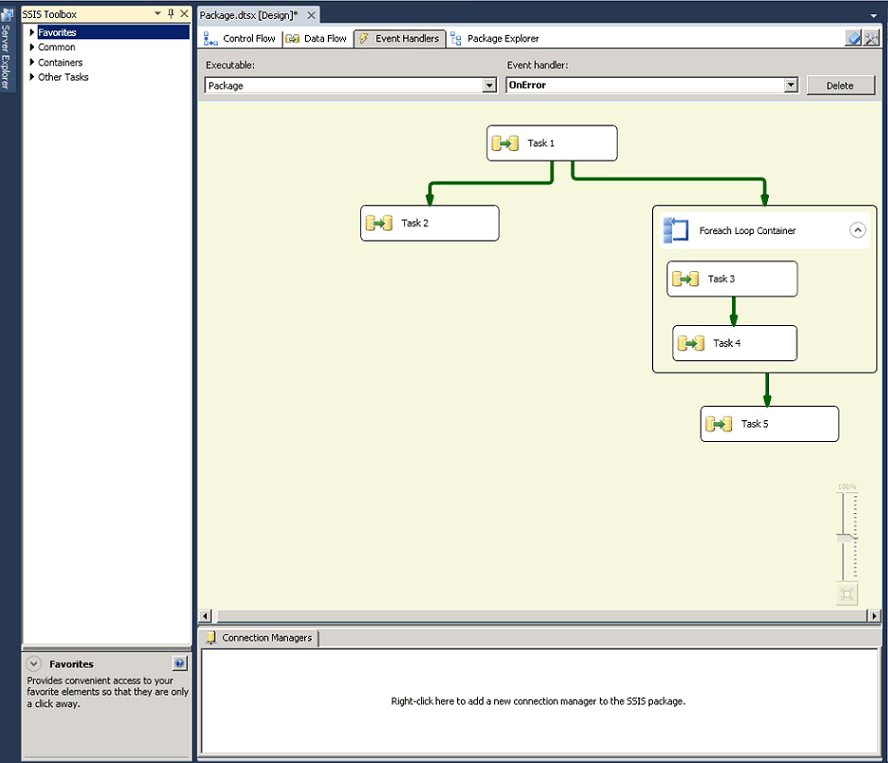 Screenshot dell'area di progettazione con la scheda Gestore eventi