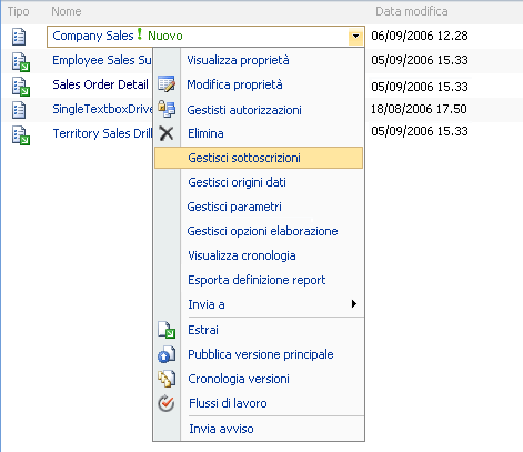 Voci di menu per la definizione del report