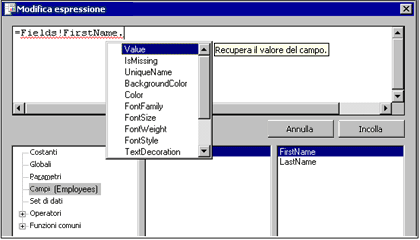 Finestra di dialogo Modifica espressione con Intellisense