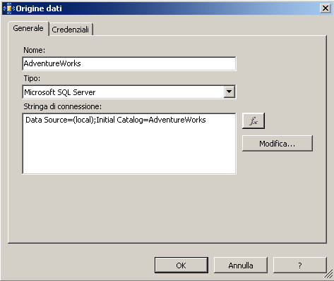 Origine dati - finestra di dialogo