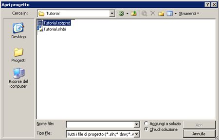 Finestra di dialogo Apri progetto