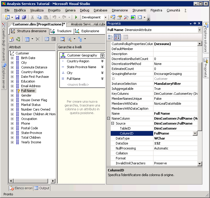 Gerarchia dell'attributo Customer e modifica della proprietà ColumnID