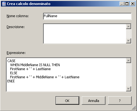 Finestra di dialogo Crea calcolo denominato