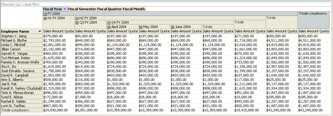 Quota di vendite per ogni mese fiscale