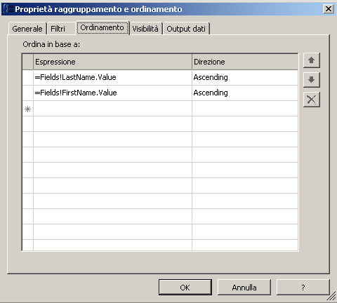 Scheda Ordinamento, pagina Proprietà raggruppamento e ordinamento