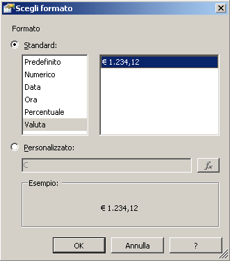 Finestra di dialogo Scegli formato per la valuta