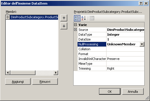 Finestra di dialogo Editor dell'insieme DataItem