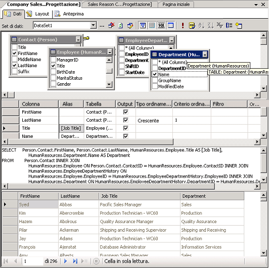 Finestra Progettazione query