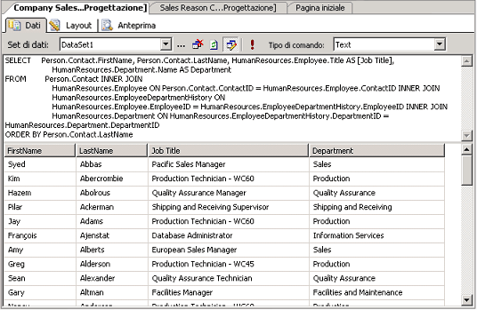 Schermata di Progettazione query standard