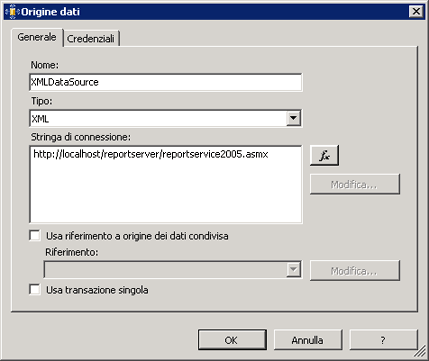 Schermata che illustra l'impostazione di un'origine dei dati di tipo XML