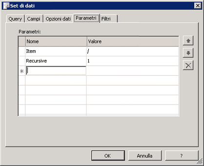 Schermata che illustra un set di dati XML con parametri