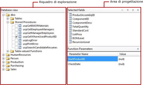 Stored procedure nella finestra Progettazione query con interfaccia grafica