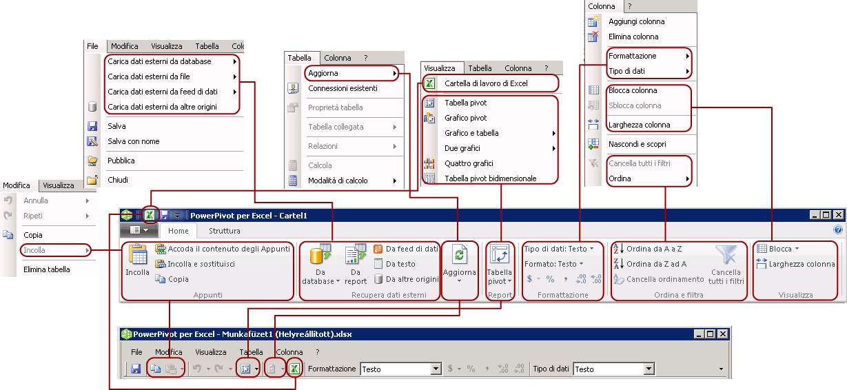 Mapping della scheda Home sulla barra multifunzione ai menu di Windows XP