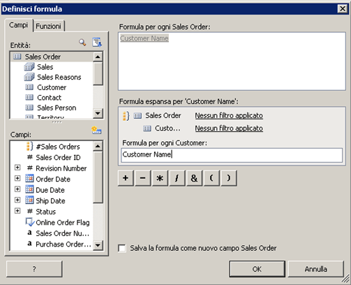 Riferimento di campo espanso nella finestra di dialogo Definisci formula