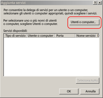 Pagina Aggiungi servizi in Active Directory