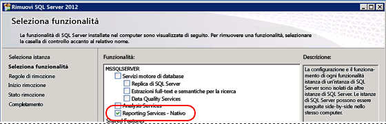 Disinstallazione di SQL: selezione delle funzionalità da disinstallare