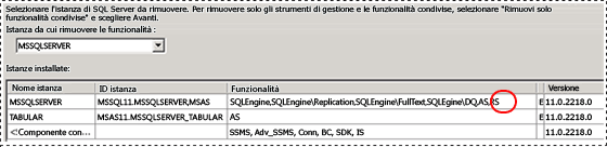 Disinstallazione di SQL: selezione dell'istanza