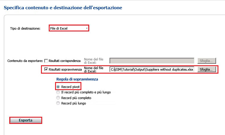 Esporta risultati dalla pagina Corrispondenza