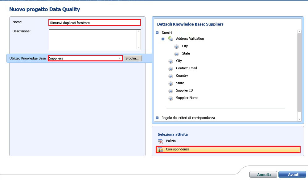 Nuovo progetto Data Quality - Corrispondenza selezionata