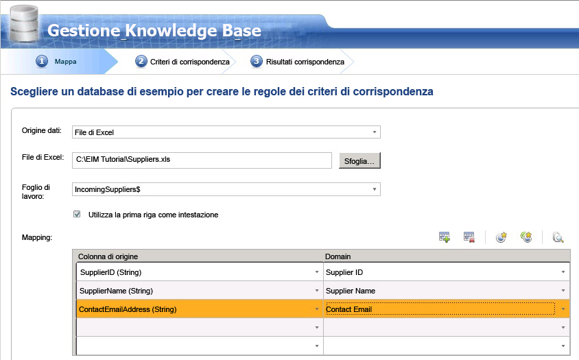 Pagina Mapping del processo di definizione dei criteri di corrispondenza